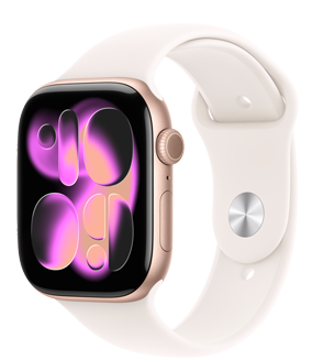 Apple Watch Series 11, toonis roosa kuld, alumiiniumist korpus, Responsive Art ekraan, parema külje välimus, Digital Crown, mikrofon, külgnupp, rihm Sport Band, heleroosakas toon