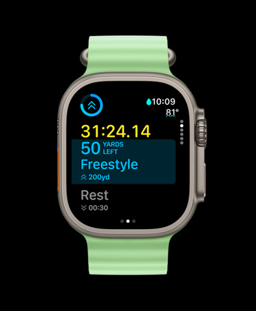 Apple Watch Ultra 3, natural color, titanium case, Workout app, custom workout card, Up Next view, neon green Ocean Band