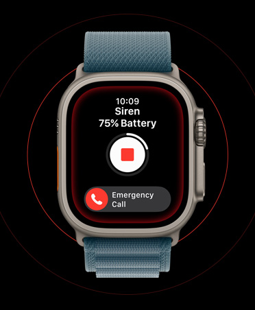 Apple Watch Ultra 3, naturaalne värv, titaanist korpus, aktiveeritud sireeniga ekraan, peatumis- ja SOS-hädaabikõne nupud, rihm, ankrusinine rihm Alpine Loop