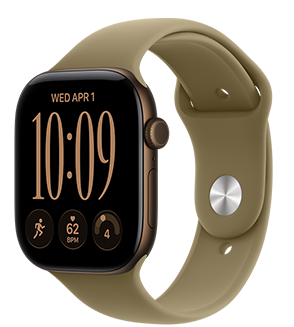 Apple Watch Series 12, aluminum case, dark bronze colour, digital clock face, complications: day and date, Workouts, heart rate, readiness, Sport Band, olive colour