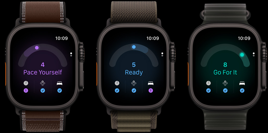 Three Apple Watch Ultra 4 devices: titanium case, black colour, readiness score 4, Trail Loop band, burgundy colour, titanium case, black colour, readiness score 5, Alpine Loop band, dark olive colour, titanium case, black colour, readiness score 8, Ocean Band, translucent black colour
