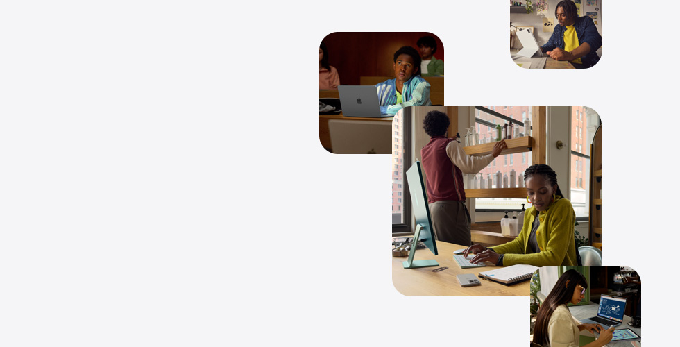 Verschiedene Personen nützen Apple Produkte zum Lernen, Arbeiten, Designen und Zeichnen.