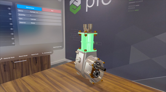 A 3D projection of a CAD model of machinery and information about the machinery, projected into an office room