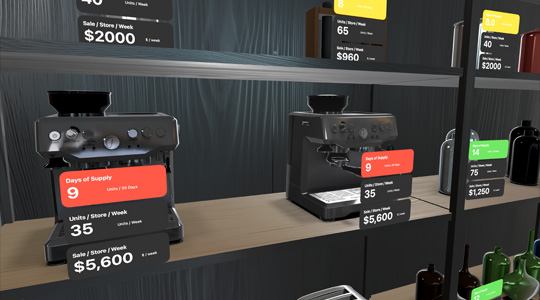 A 3D projection of retail shelves with a variety of products on them, including overlays with inventory information