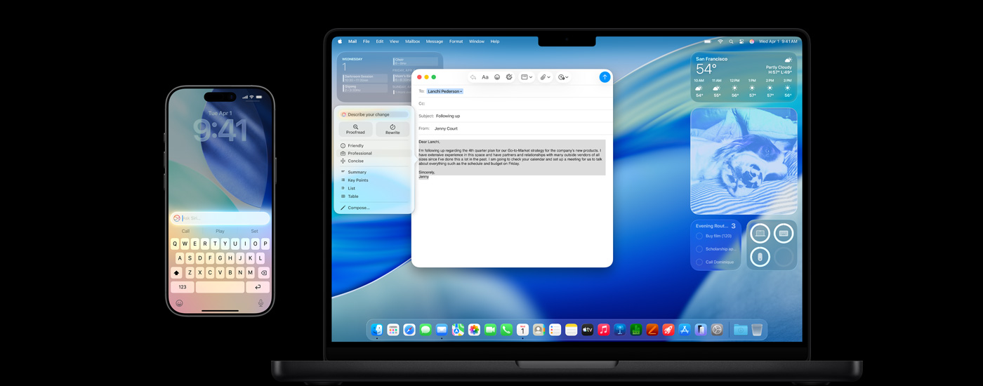 Un iPhone y un Mac muestran Apple Intelligence junto con el protector de pantalla de macOS Tahoe.