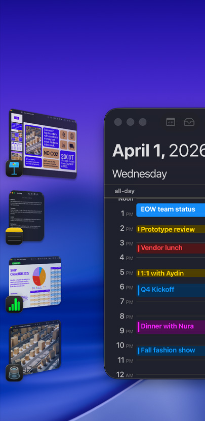 Diferentes apps de iOS en un computador de escritorio con Organizador Visual, entre las que destaca la app Calendario, que incluye un cronograma.