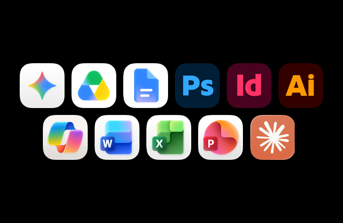 Fila de íconos que incluye Google Gemini, Google Drive, Google Docs, Adobe Photoshop, Adobe InDesign, Adobe Illustrator, Microsoft Copilot, Microsoft Word, Microsoft Excel, Microsoft Powerpoint y Claude