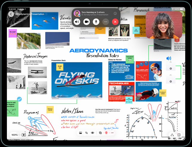Un iPad muestra una presentación sobre aerodinámica con notas escritas a mano e imágenes y una llamada de FaceTime activa en pantalla