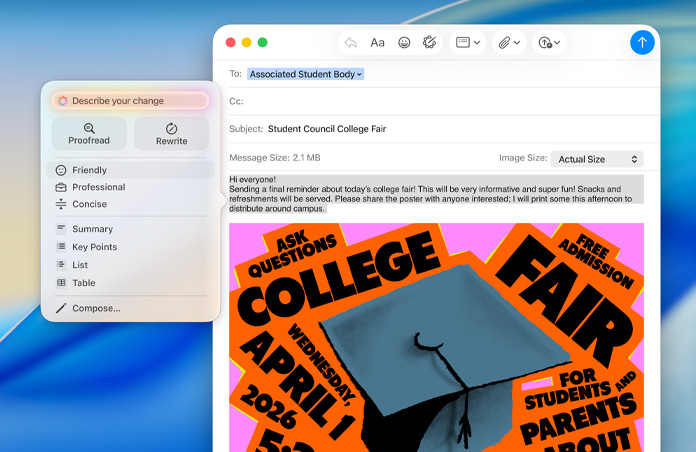 Un email sobre una feria universitaria en Mail en una Mac, con las Herramientas de Escritura de Apple Intelligence abiertas y opciones para revisar o ajustar el tono