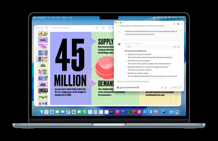 Una MacBook muestra una pantalla de Msty Studio con fichas de macroeconomía para demostrar las capacidades de IA en el dispositivo