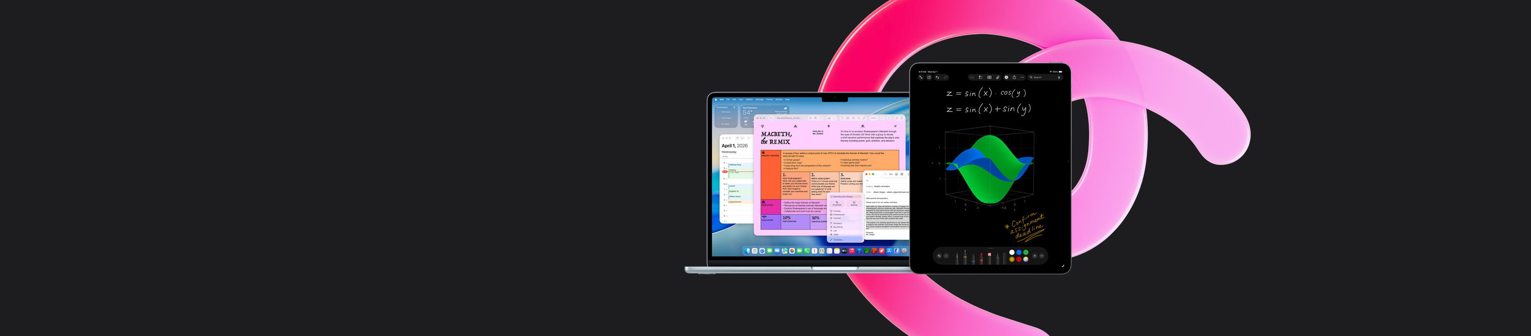 Una MacBook Air con las apps Pages, Calendario, Alerta y Mail en pantalla junto a un iPad que muestra ecuaciones escritas a mano en Notas Matemáticas, se muestra la productividad con las apps integradas