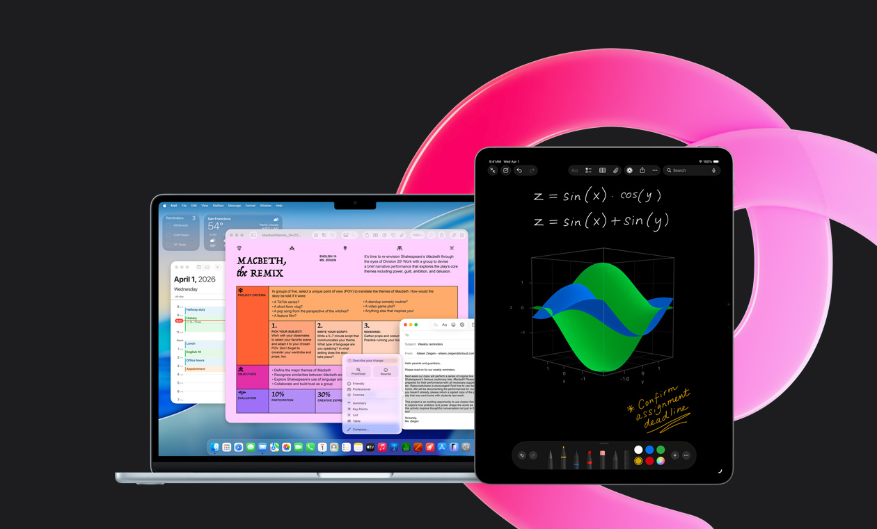 Una MacBook Air con las apps Pages, Calendario, Alerta y Mail en pantalla junto a un iPad que muestra ecuaciones escritas a mano en Notas Matemáticas, se destaca la productividad con las apps integradas