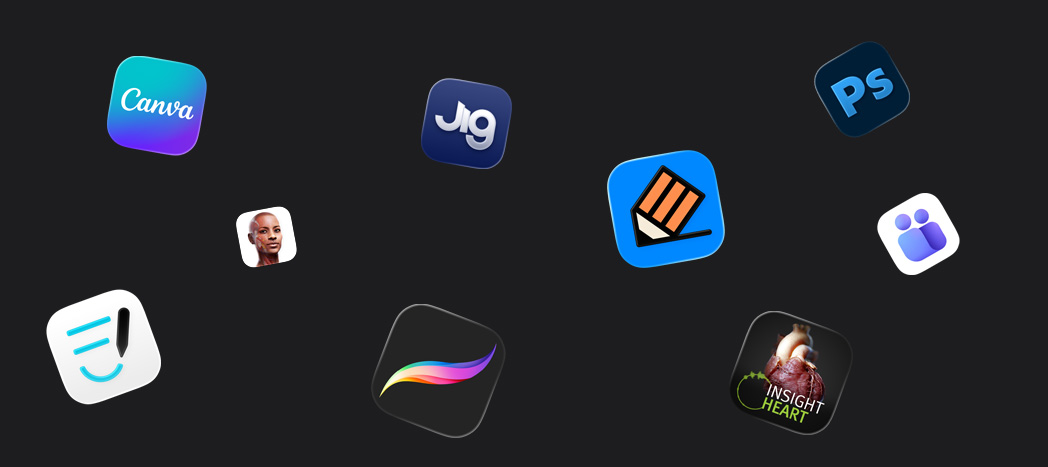 Varios íconos de apps de socios, como Goodnotes, Canva, Complete Anatomy, Procreate, JigSpace, Notability, INSIGHT HEART, Adobe Photoshop y Microsoft Teams
