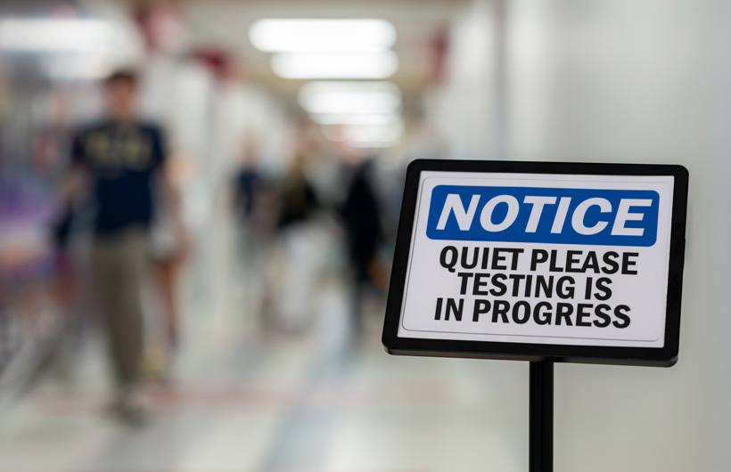 På et skilt står der “Notice. Quiet please testing is in progress”. Det hænger på en gang på en skole. Der går folk i baggrunden.