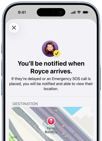 iPhone screen shows a confirmation that a Find My notification has been set up, text reads 'You'll be notified when Pedro arrives,' map with pinned location sits at bottom of screen