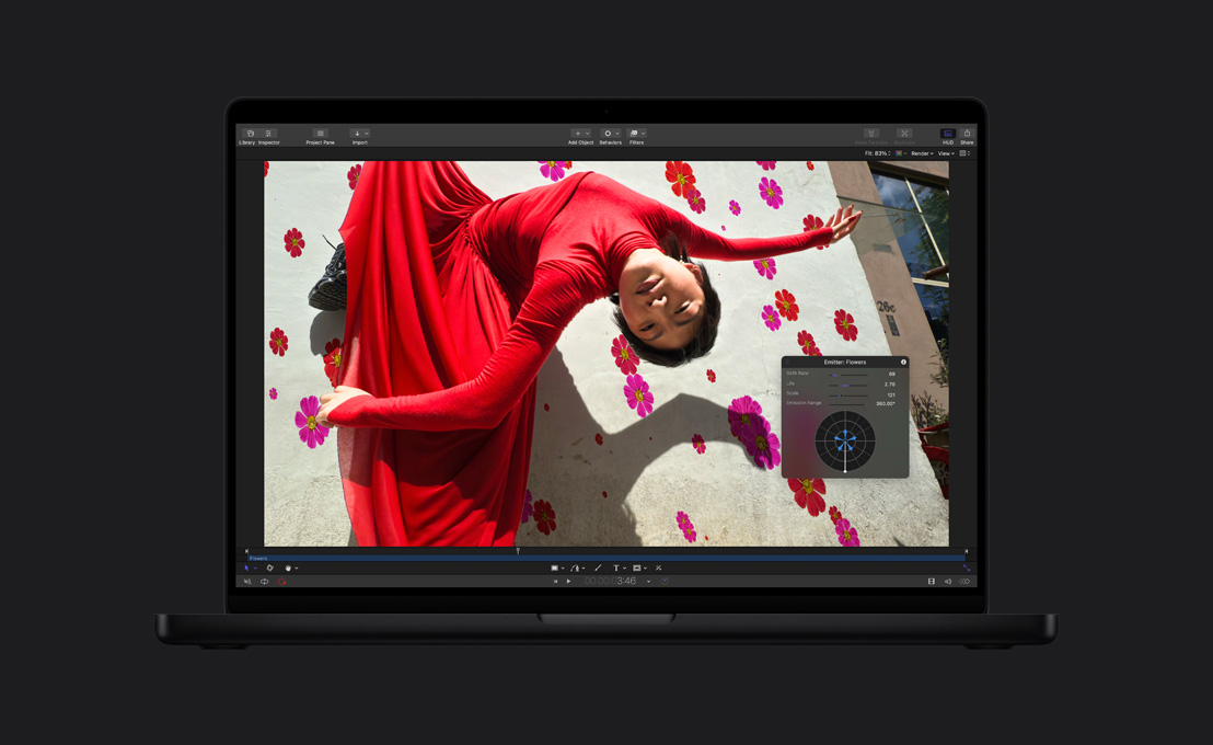 MacBook Pro 16, woman in red dress, demo of flowers being added to background