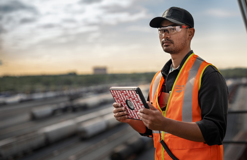 A railroad worker stands holding an iPad while looking ahead, with large train cars nearby