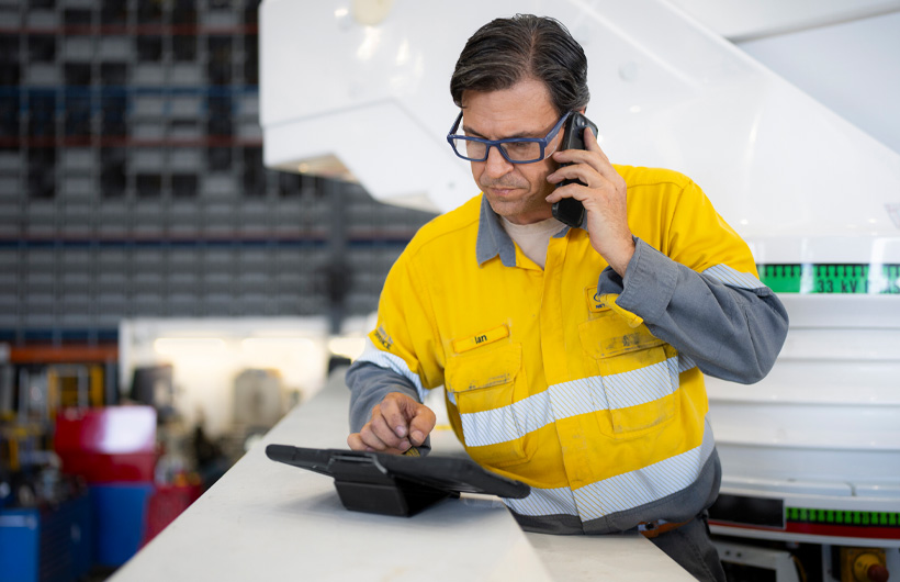 Ein Mitarbeiter in einem Firmenlager hält ein iPhone ans Ohr, während er an einem iPad arbeitet