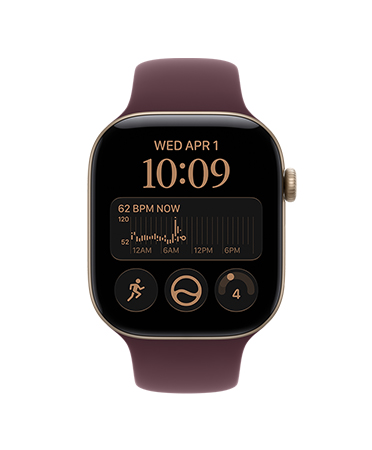 Apple Watch Series 12, aluminum case, light gold color, Siri Modular watch face, complications: heart rate, Run workout, readiness, Sport Band, burgundy color
