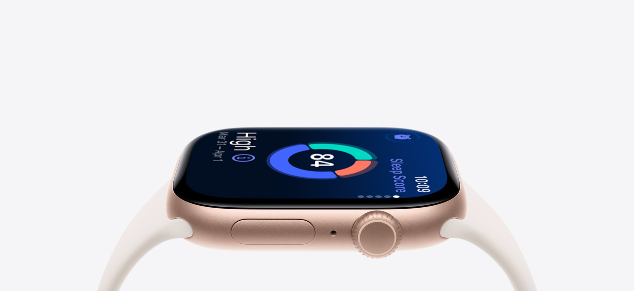 Apple Watch Series 11, rose gold color, aluminum case, sleep score, right side exterior, Digital Crown, microphone, side button, starlight Sport Band