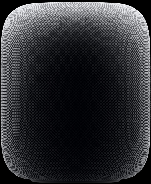 Vista laterale di un HomePod che si trasforma in una panoramica dall’alto scorrendo la pagina