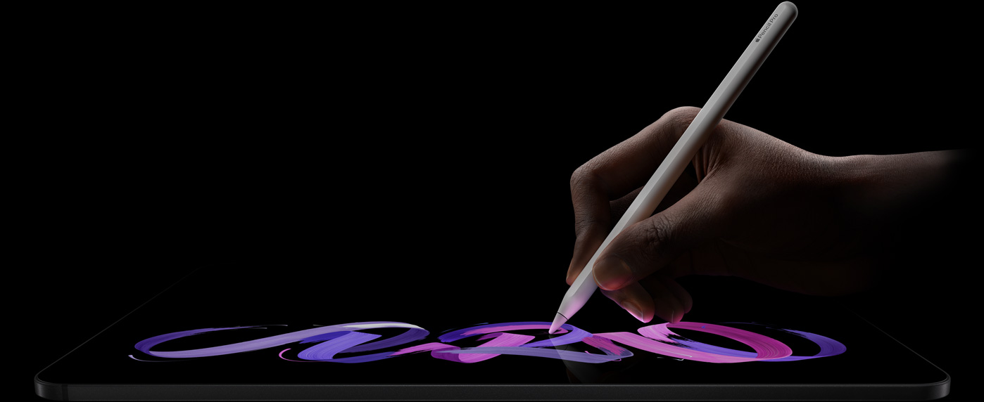 iPad Pro, front exterior, landscape orientation, side profile, space black color, hand holding Apple Pencil Pro, white color, drawing abstract purple and pink design on display