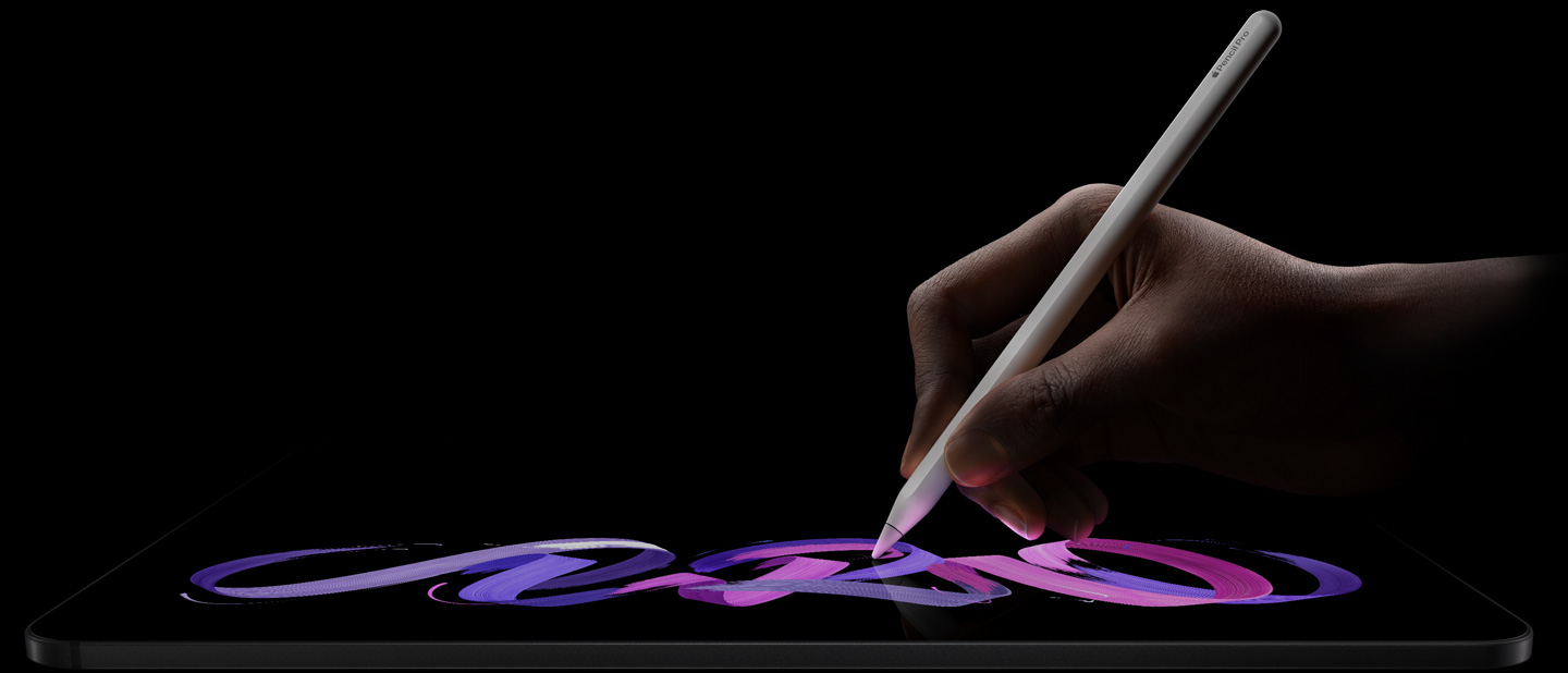 iPad Pro, front exterior, landscape orientation, side profile, space black color, hand holding Apple Pencil Pro, white, drawing abstract purple and pink design on display