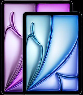 13-inch iPad Air, 11-inch iPad Air, portrait orientation, front exterior, rounded edges, black display bezel, displays showing pink, green, and blue abstract shapes