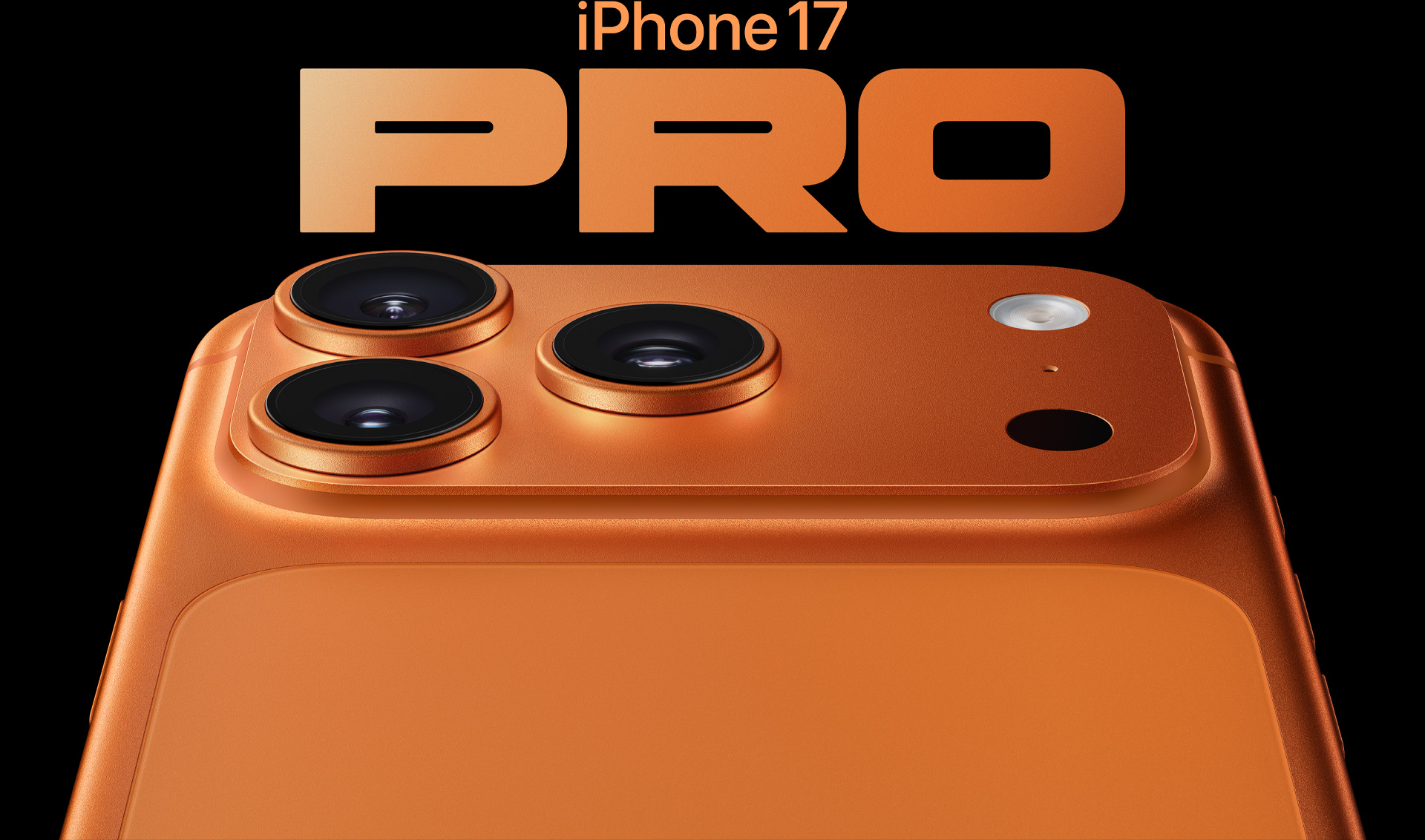 iPhone 17 Pro, orange cosmique, vue partielle de la face arrière, système caméra pro dans le coin supérieur gauche, 3 objectifs, micro, flash
