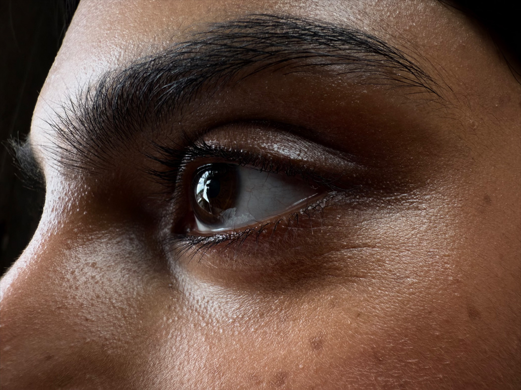 A woman in an empty room being photographed. The side face of women is zoomed in focused on eyes, The Photo app toggles through the focal lengths to demonstrate the capabilities of the pro camera system, showcasing: Macro