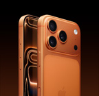 iPhone 17 Pro, cosmic orange finish, back angled exterior, Pro Fusion camera system in plateau at top, Camera Control button, front side exterior, all-screen design, Action and volume buttons