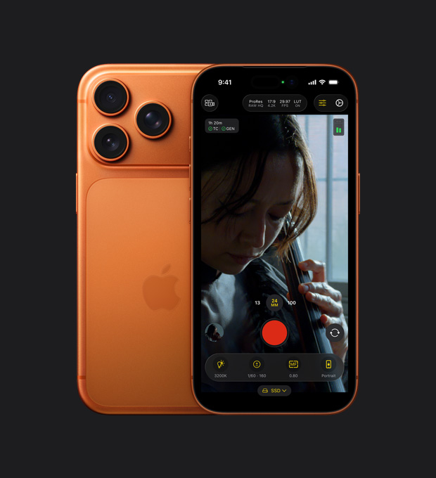 iPhone 17 Pro screen showing ProRes RAW feature during the recording of a woman playing a cello