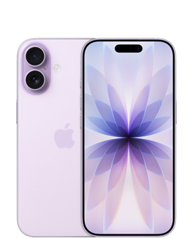 iPhone 17, face arrière, coloris lavande, système à deux caméras Fusion en haut à gauche, logo Apple centré, face avant, coloris lavande, Dynamic Island centré au sommet