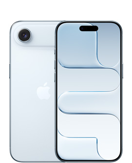 iPhone Air, face arrière, coloris bleu ciel, système caméra Fusion au sommet, logo Apple centré, face avant, coloris bleu ciel, Dynamic Island centré au sommet