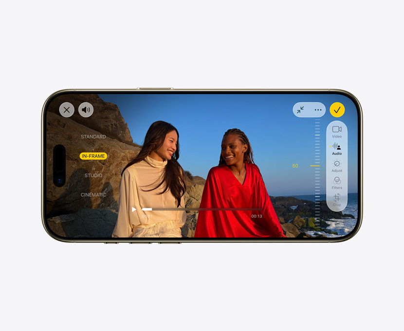iPhone Air, front exterior, Pro video with Audio Mix feature in use