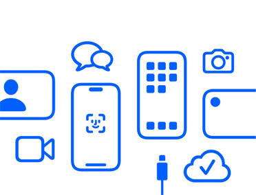 Apple devices en features, iCloud, iPhone met Face ID en oplaadkabel, Camera, berichten, Berichten.
