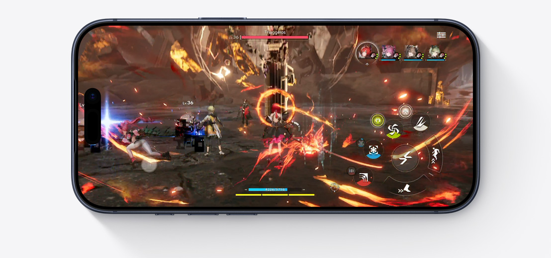 iPhone 17 Pro, front exterior, demonstrating the performance capabilities of the A19 Pro chip with a scene from the Arknights: Endfield video game