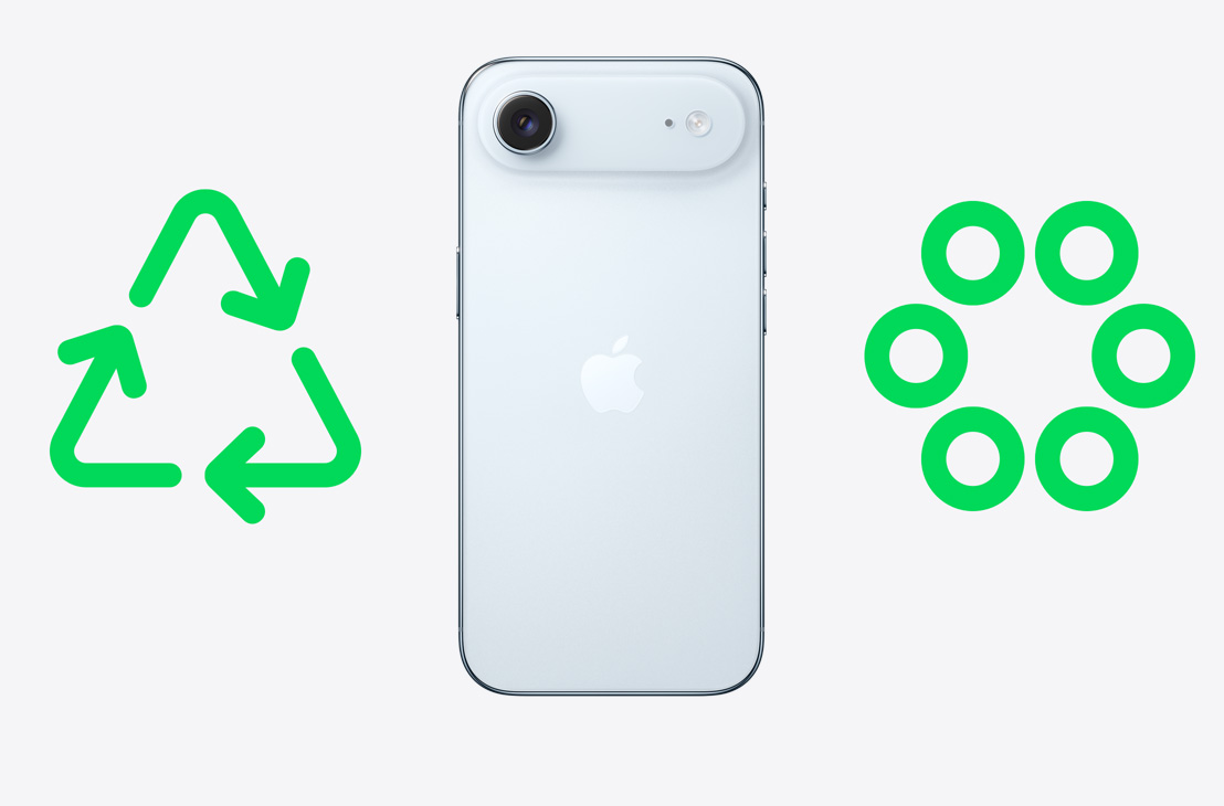 iPhone Air, spate, pictogramă verde de reciclare, pictogramă verde circulară cu materiale