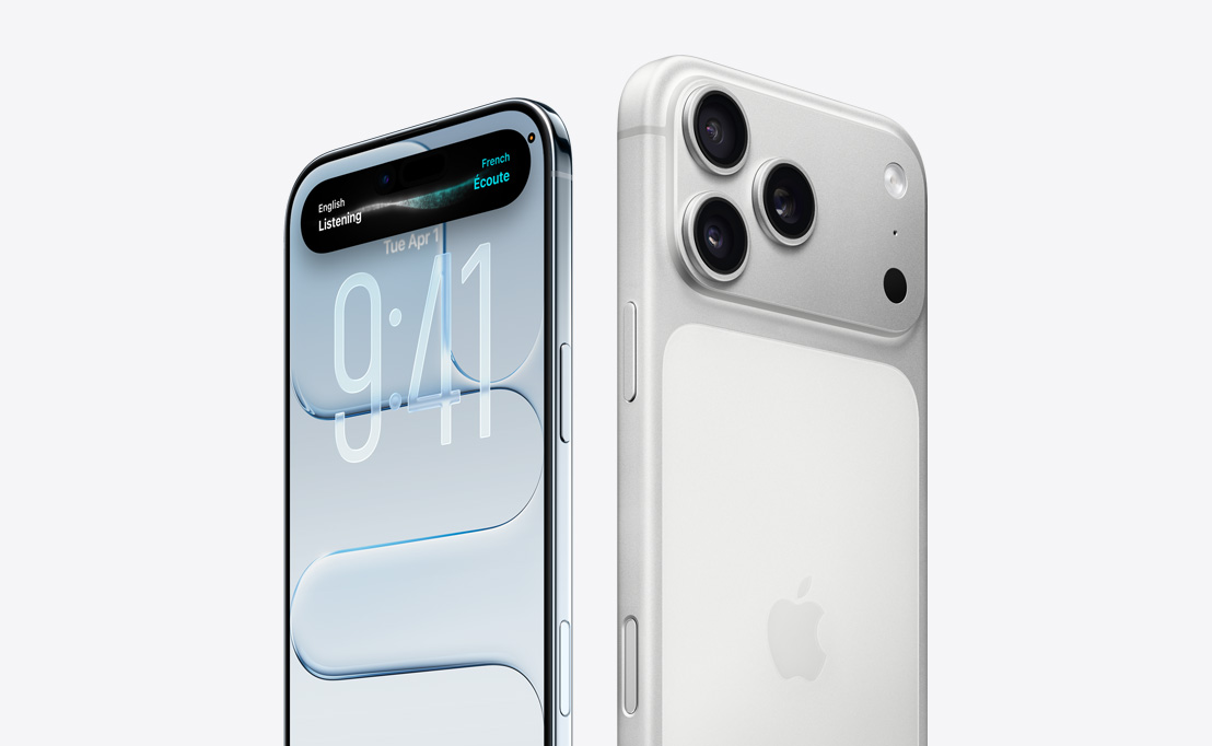 iPhone Air front exterior with Liquid Glass Display and Dynamic Island, thin titanium edge, iPhone 17 Pro back exterior with Pro camera system in top left corner