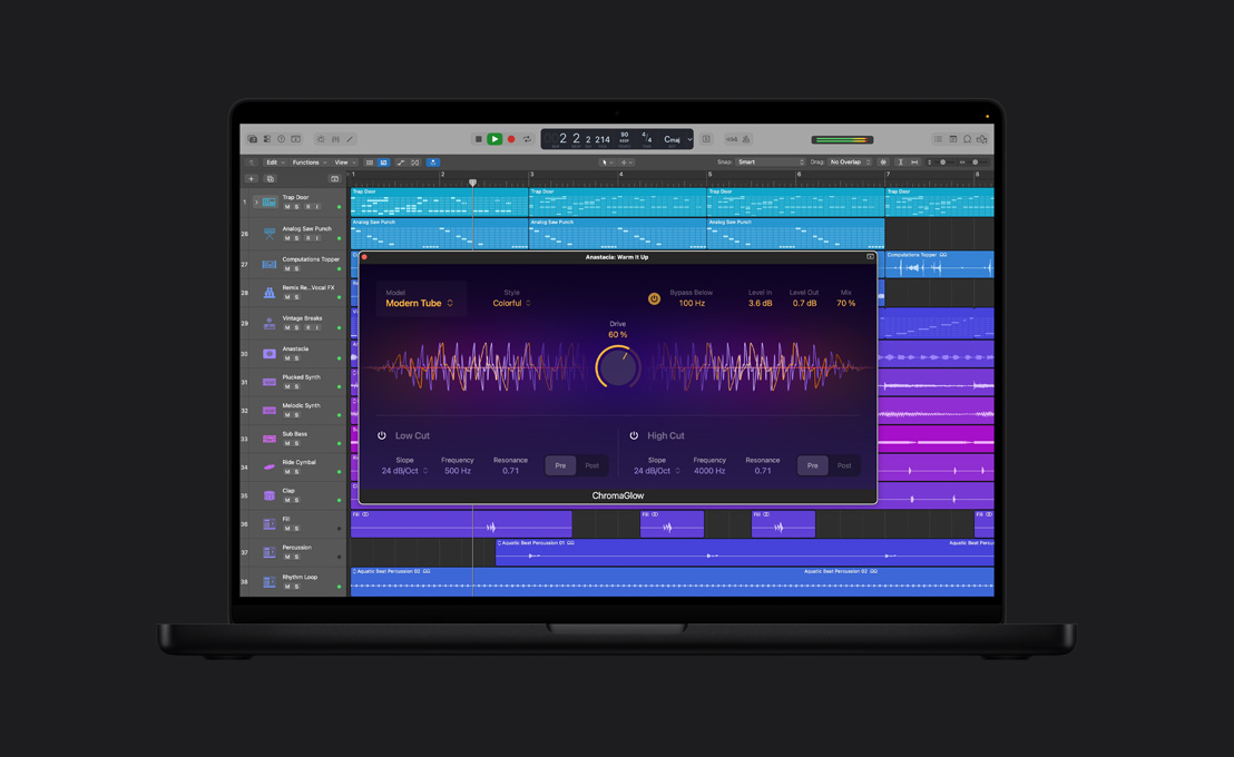 MacBook Pro 16 screen showing ChromaGlow, Anastacia: Warm It Up window, model, style, bypass below, level in, level out, and mix settings