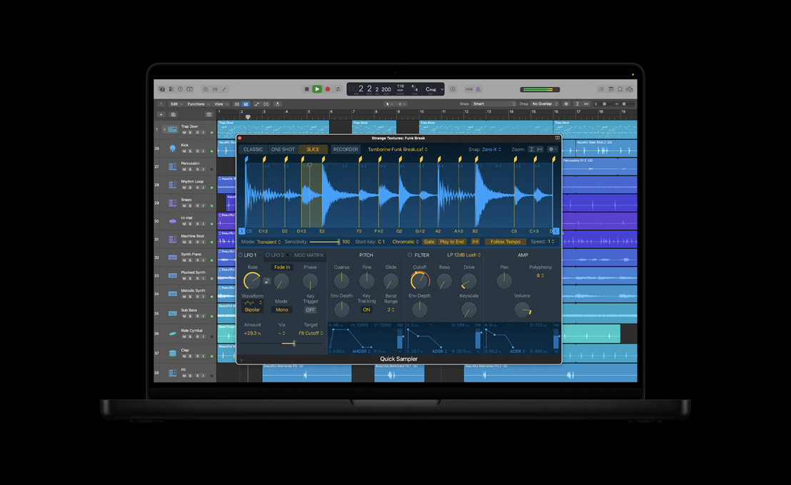 MacBook Pro 16, Logic Pro mixer, window is open for Quick Sampler