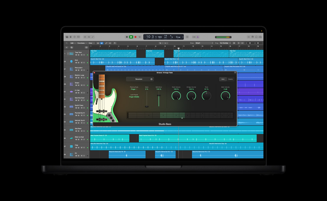 MacBook Pro 16 screen showing Studio Bass, Groove: Vintage Tone window with green electric guitar on the left, main session dials