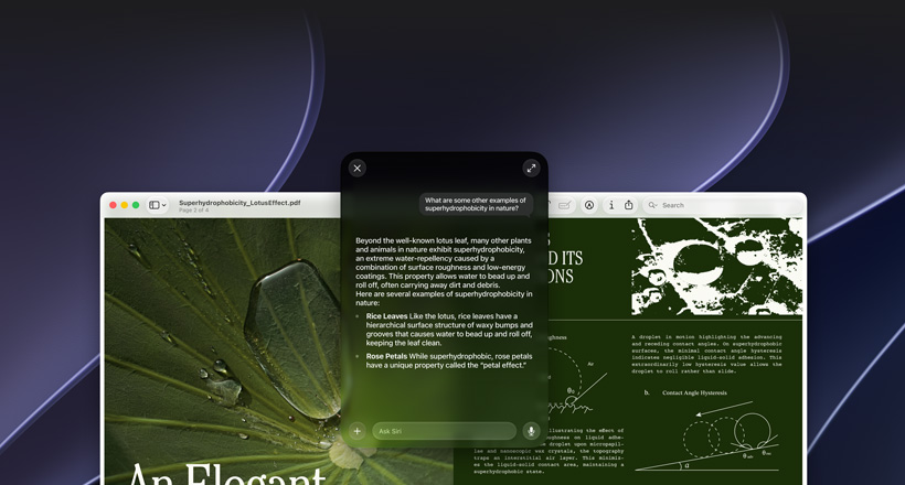 Siri ve Görsel Zeka demosu, Mac ekranında bir kullanıcının PDF’deki konuyla ilgili sorgusu gösteriliyor, Doğadaki diğer süperhidrofobiklik örnekleri nelerdir?, Siri yanıtı