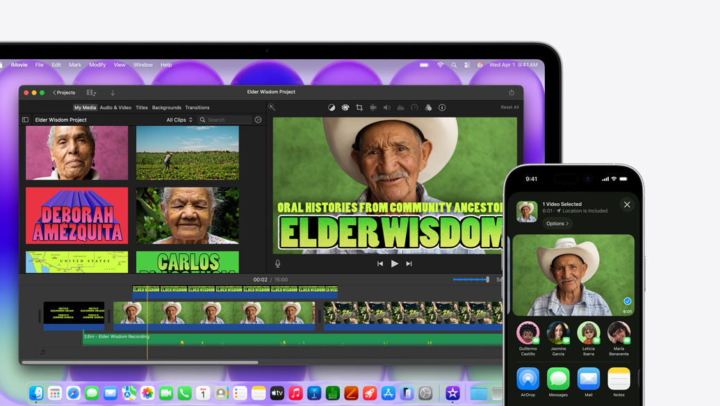 MacBook Neo, silver color, showing iMovie window titled Elder Wisdom Project, next to iPhone showing video of one of the people pictured in iMovie window, below video is a list of sharing options, including AirDrop
