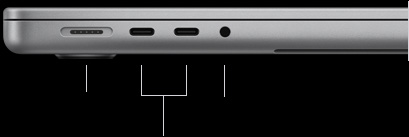 MacBook Pro รุ่น 14 นิ้ว พร้อมชิป M5, พับปิดอยู่, ด้านซ้าย, แสดงพอร์ต MagSafe 3, Thunderbolt 4 จำนวน 2 พอร์ต และช่องต่อหูฟัง