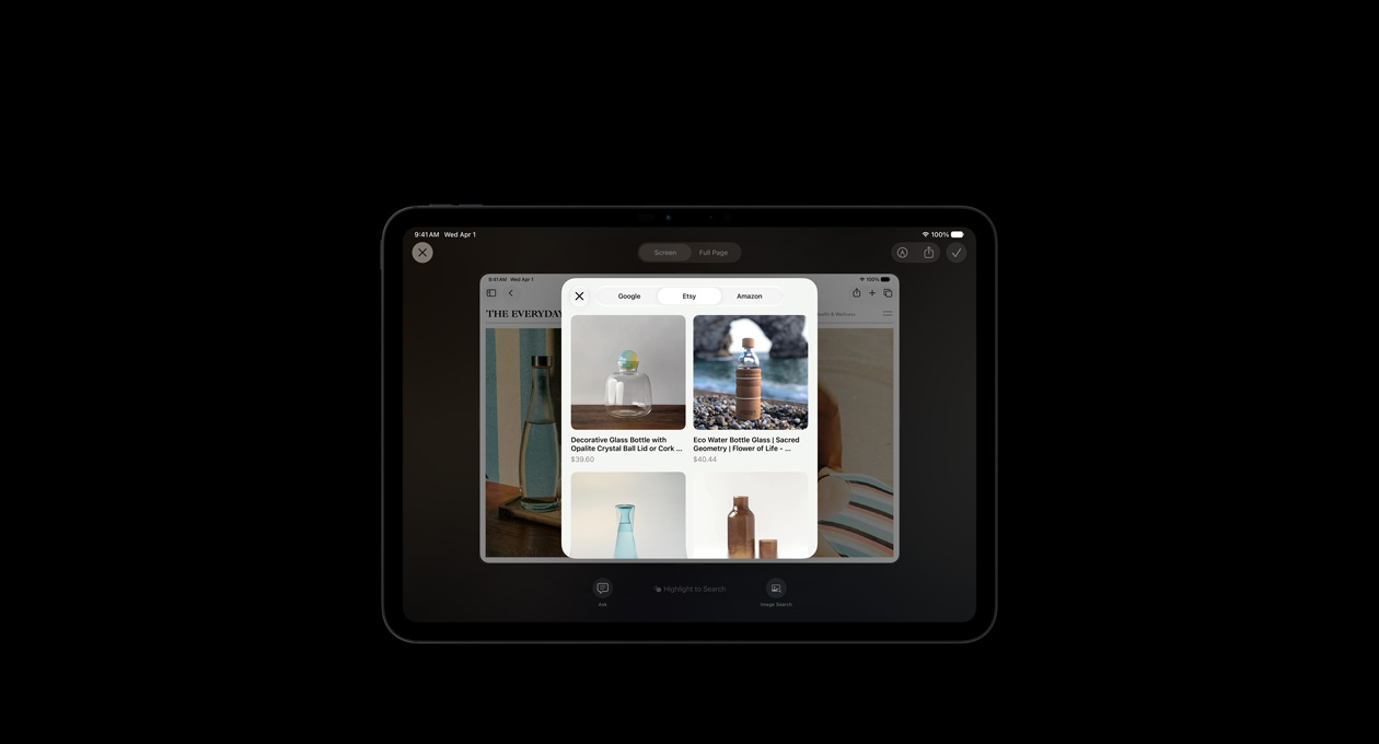 Uzay Siyahı 11 inç iPad Pro, ekranda cam şişelerle ilgili bir Görsel Zeka sorgusu ve yanıt olarak verilen ürün görselleri, görsellerin altında Ask veya Image Search düğmeleri gösteriliyor.