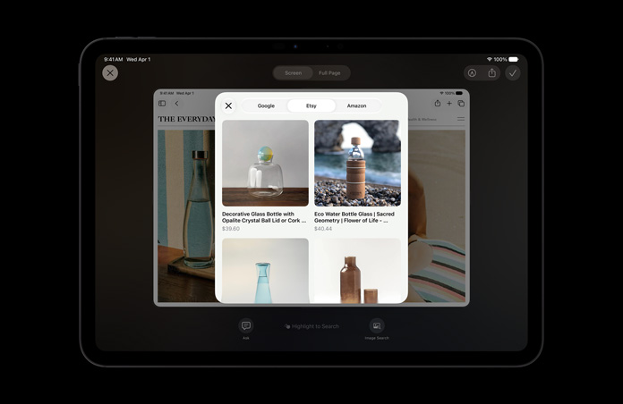 Uzay Siyahı 11 inç iPad Pro, ekranda cam şişelerle ilgili bir Görsel Zeka sorgusu ve yanıt olarak verilen ürün görselleri, görsellerin altında Ask veya Image Search düğmeleri gösteriliyor.