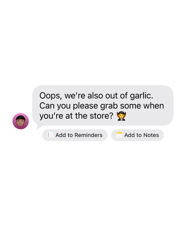 Un iMessage reçu avec deux boutons d’action suggérés en dessous : Ajouter à Rappels et Ajouter à Notes