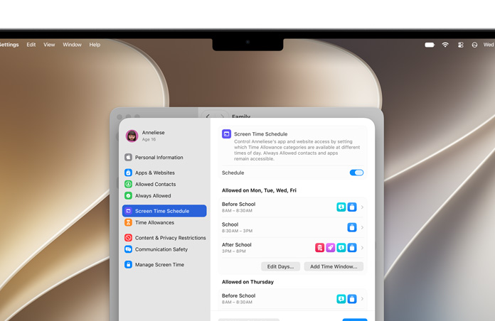 Schermata di un MacBook Pro con le opzioni di Tempo di utilizzo relative a limiti e orari in Impostazioni, per autorizzare tempi e categorie di contenuti per bambini e bambine