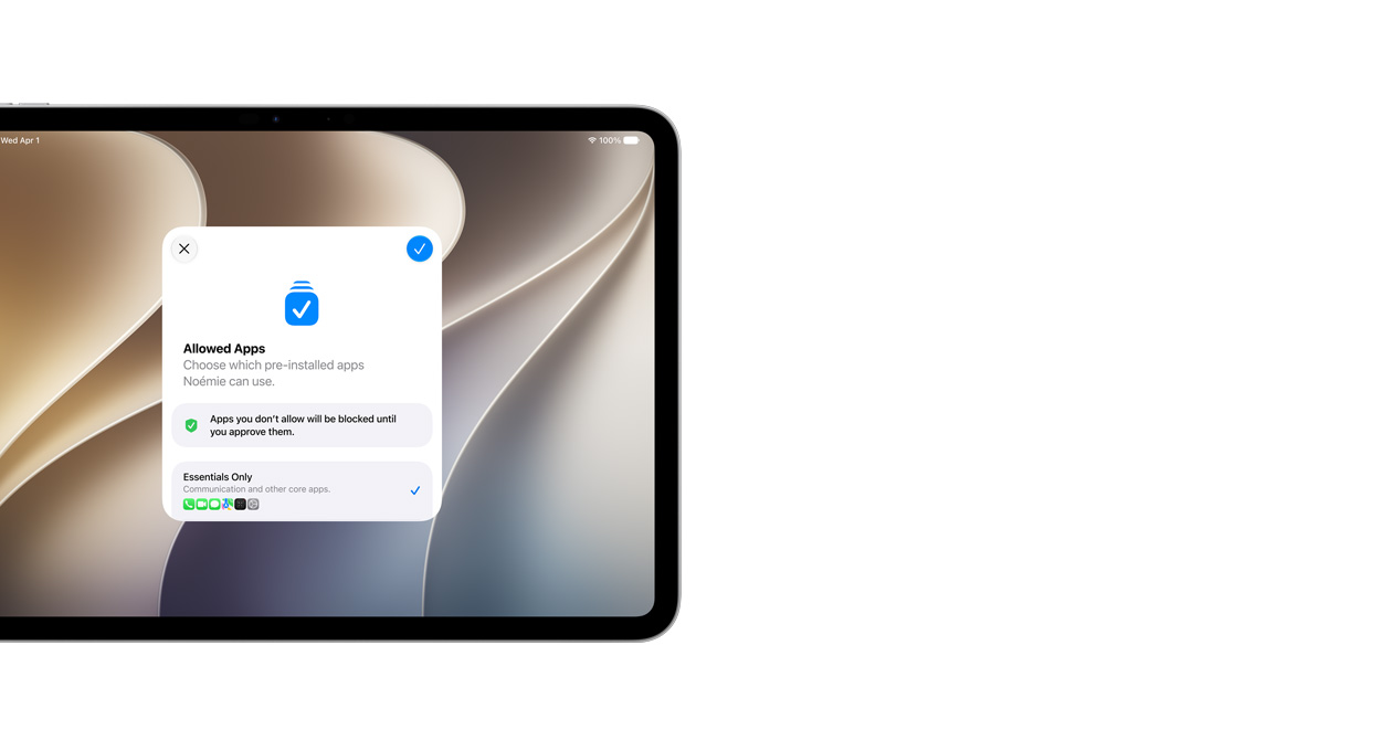 iPad Pro 11 pollici, color argento, il display mostra l’app Impostazione Assistita con una selezione di app che i genitori possono scegliere per figli e figlie